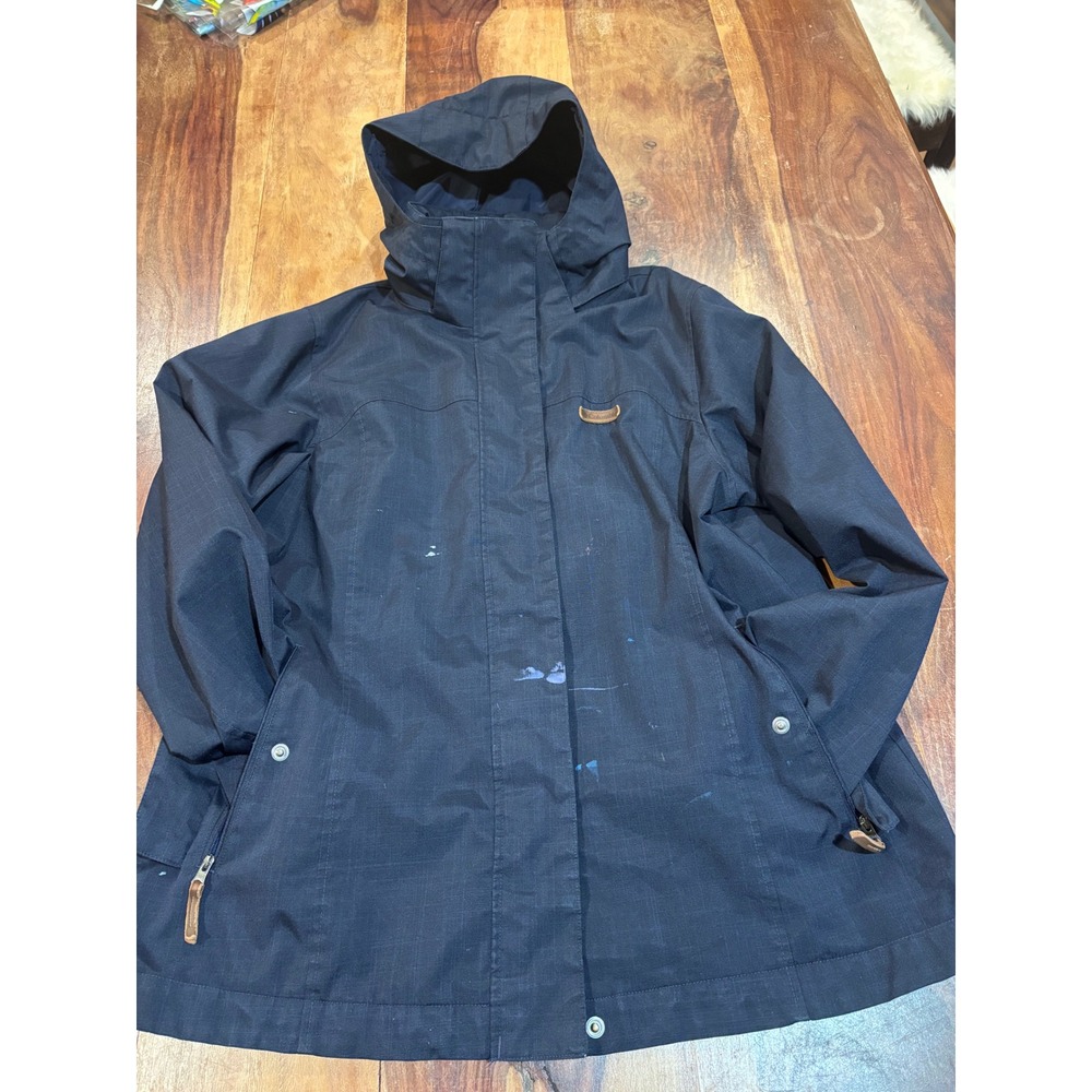 COLUMBIA interchange hooded jacket womens sz L navy blue paint splatter shell